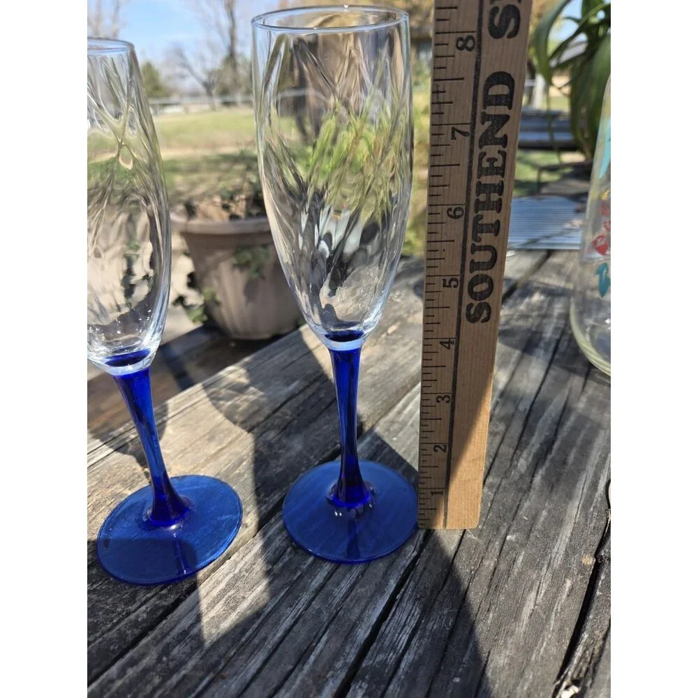 Vintage Cobalt Blue Stem Champagne Flute Wine‎ Glasses 8.25